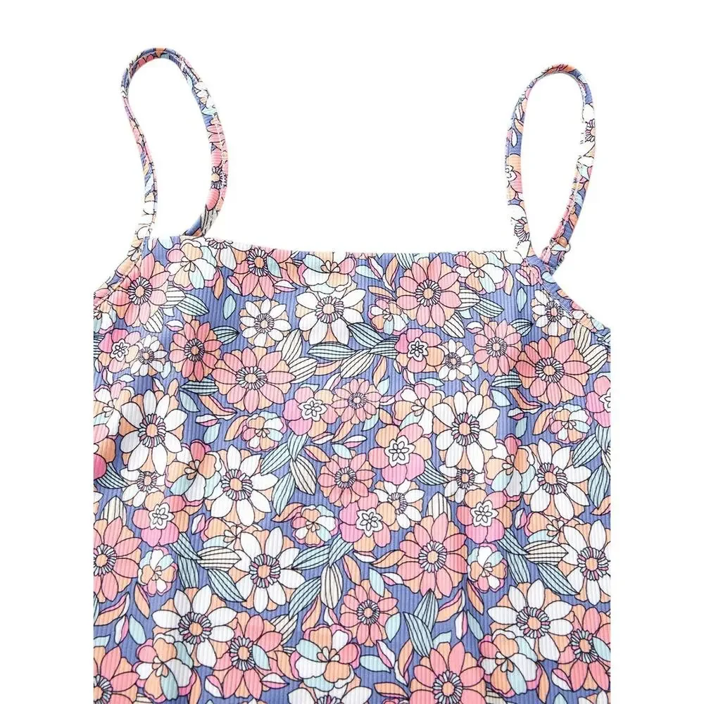 Sky Blue Floral Print Spaghetti Straps Tank Top and Shorts Set New S, L, XL